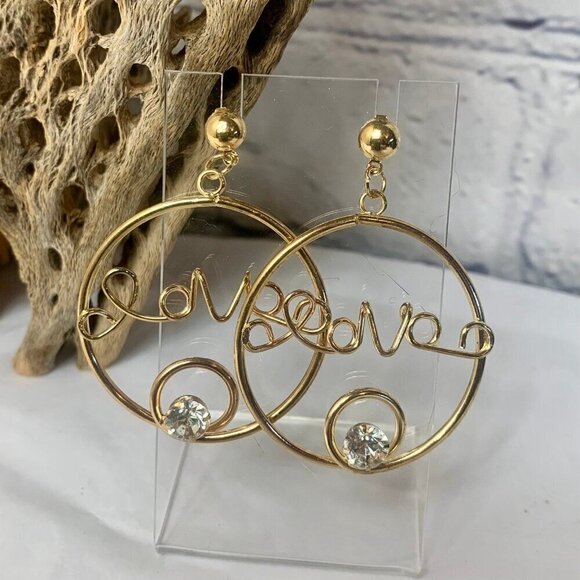 D' Bello Gold Tone LOVE Rhinestone Hoop Earrings - Picture 5 of 6